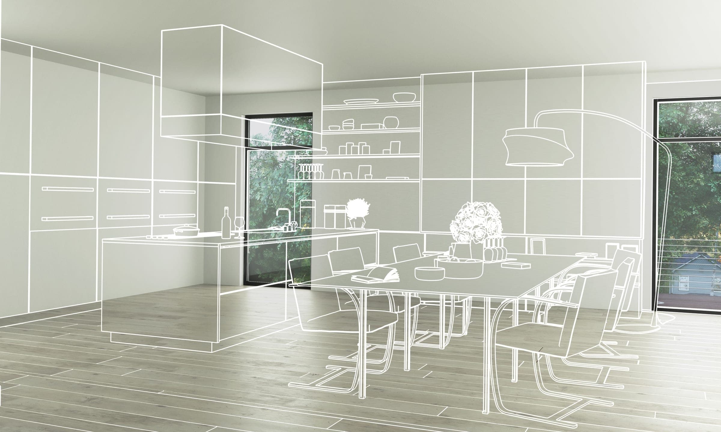 An interior resolving from wireframe sketch into a finished render