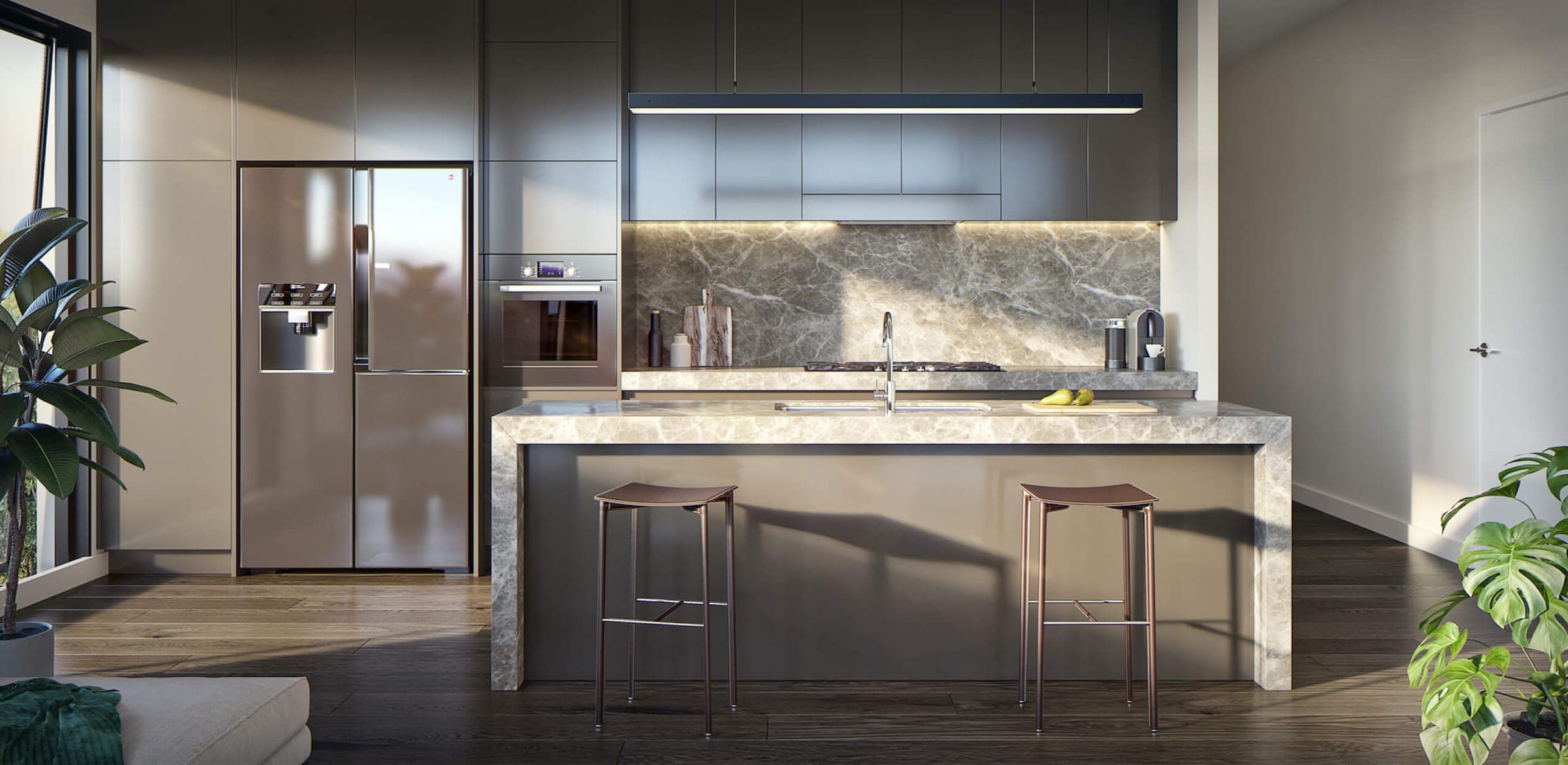 Dark luxury kitchen with grey marble waterfall island